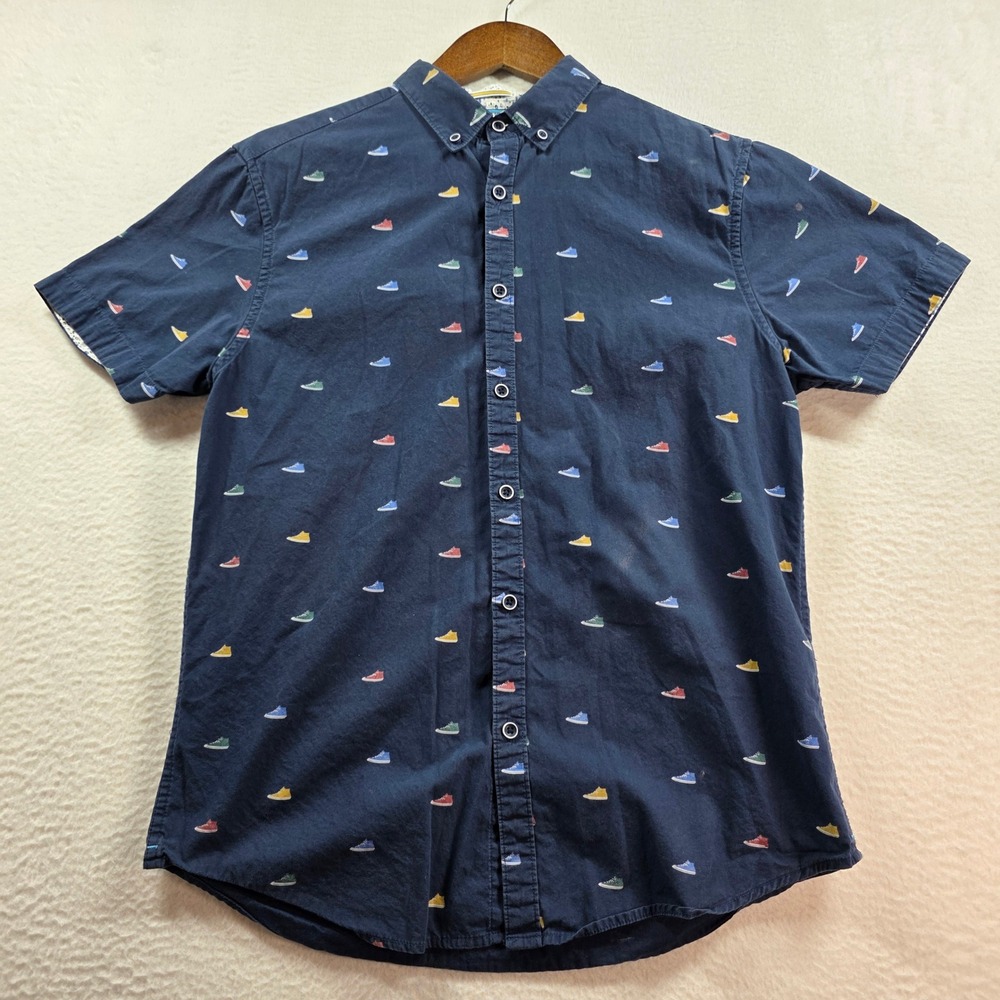 Denim & Flower Shirt Mens M Navy Blue Sneaker Print Short Sleeve Button Down - Picture 2 of 10